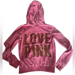 Y2K Victoria's Secret Love Pink Velour Hoodie bubblegum Pink Gold Sequin Medium